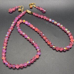 METALL Vintage Estate Pink Aurora Borealis Faceted Beaded 26" Necklace w Earring